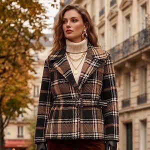 Ellen Reyes Plaid Belted Fleece Jacket Coat Short Trench Coat Style Tan Black XL